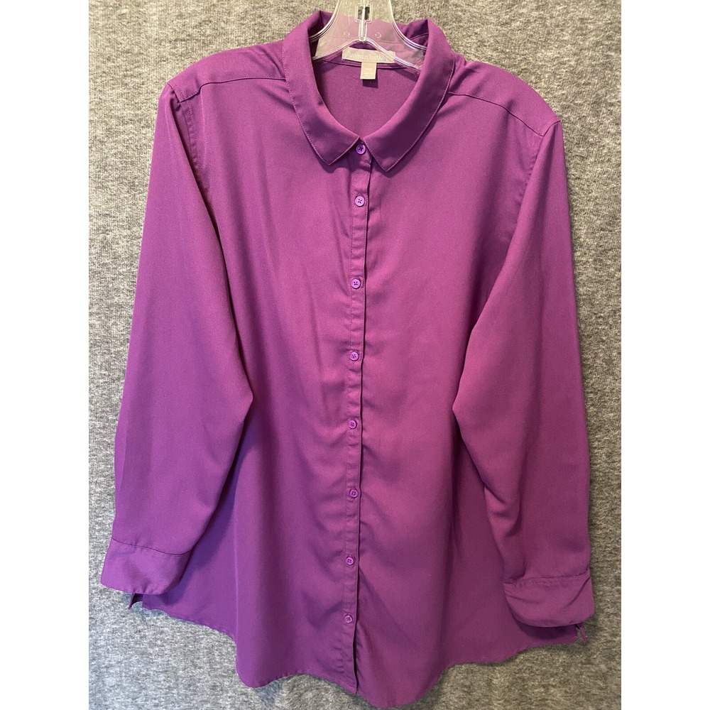 Woman Within Top Womens Large 18 20 Purple Pleats Button Up Shirt Office Casual
